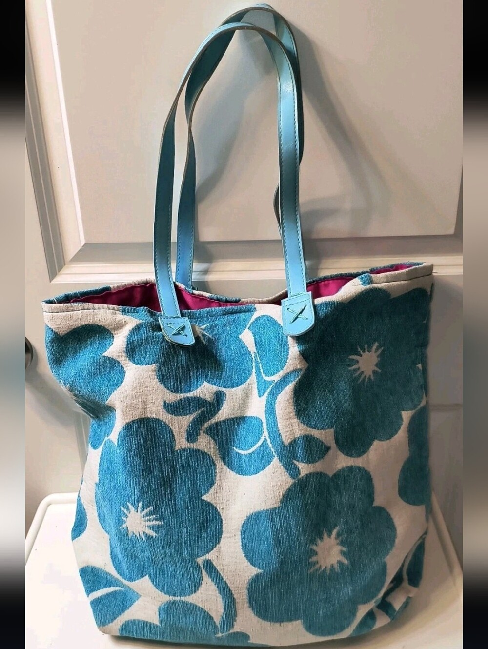 Blue Floral Canvas Tote Bag with Leather Straps